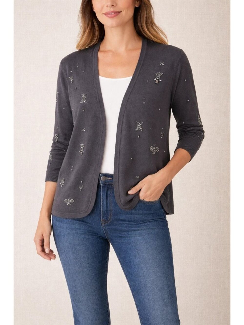 Chico’s Womens Size 2 / L Gray Knit Rhinestone Bejeweled Cardigan Sweater
